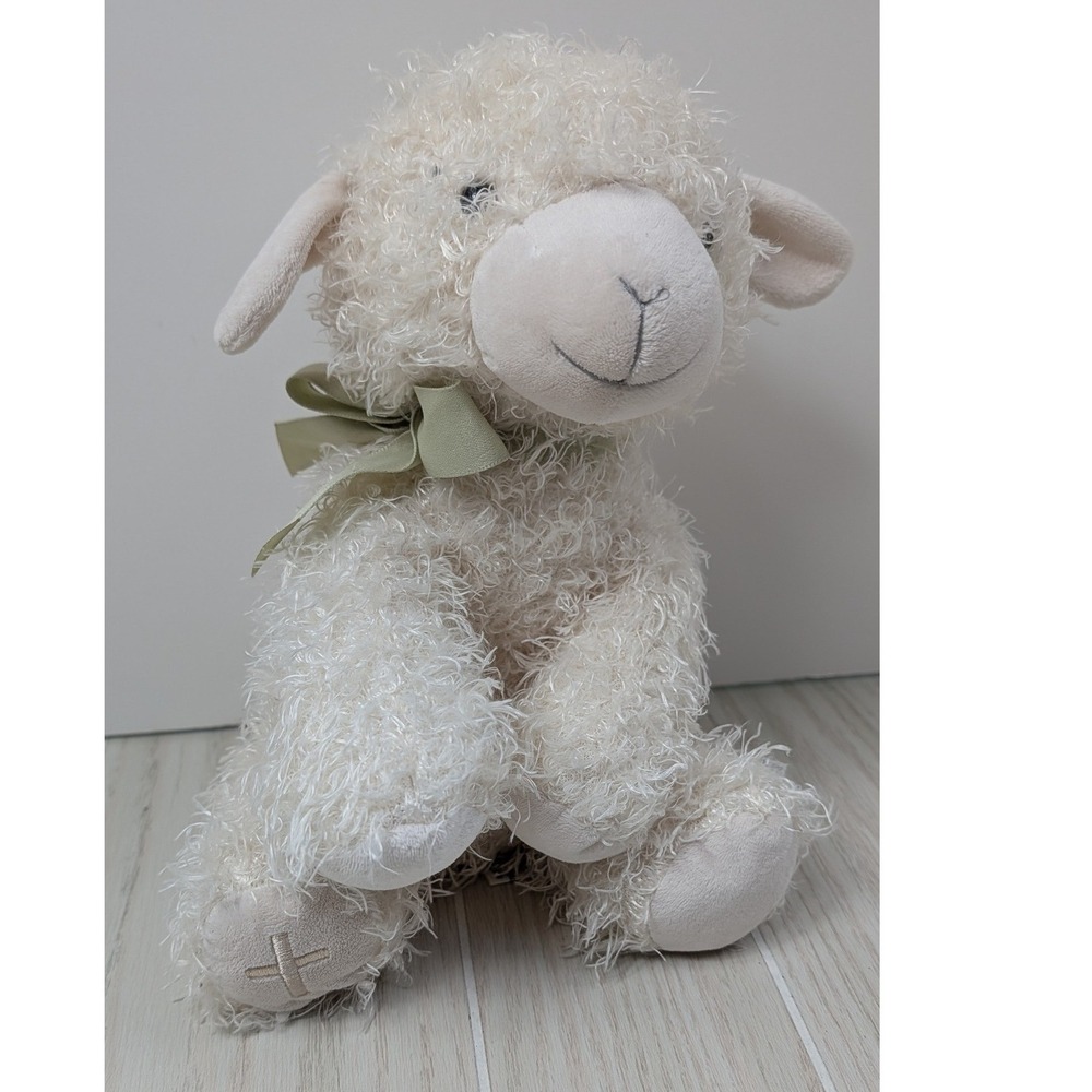 Hallmark Little Blessings Lamb Plush Cream Curly Fur Sheep Green Bow Holy Cross